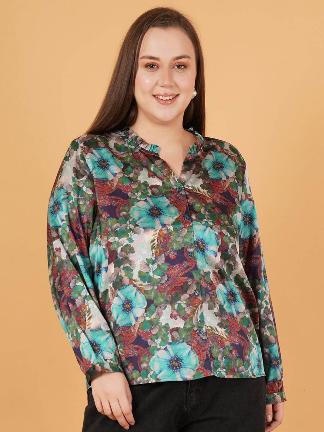 

Sztori Women Floral Printed Mandarin Collar Plus Size Top, Green