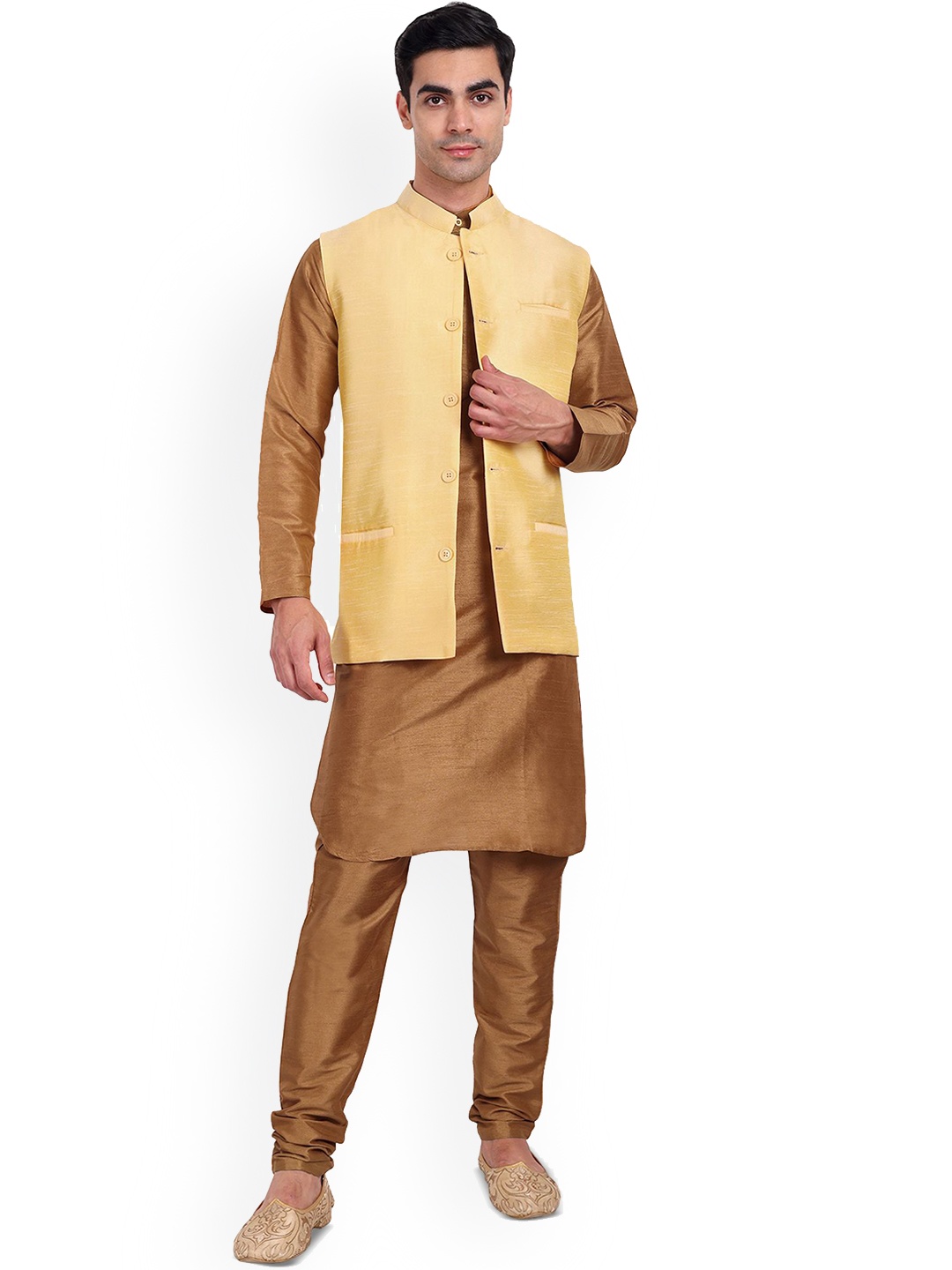 

Enciger Men Regular Dupion Silk Kurta Pajama with Churidar & with Nehru Jacket, Beige