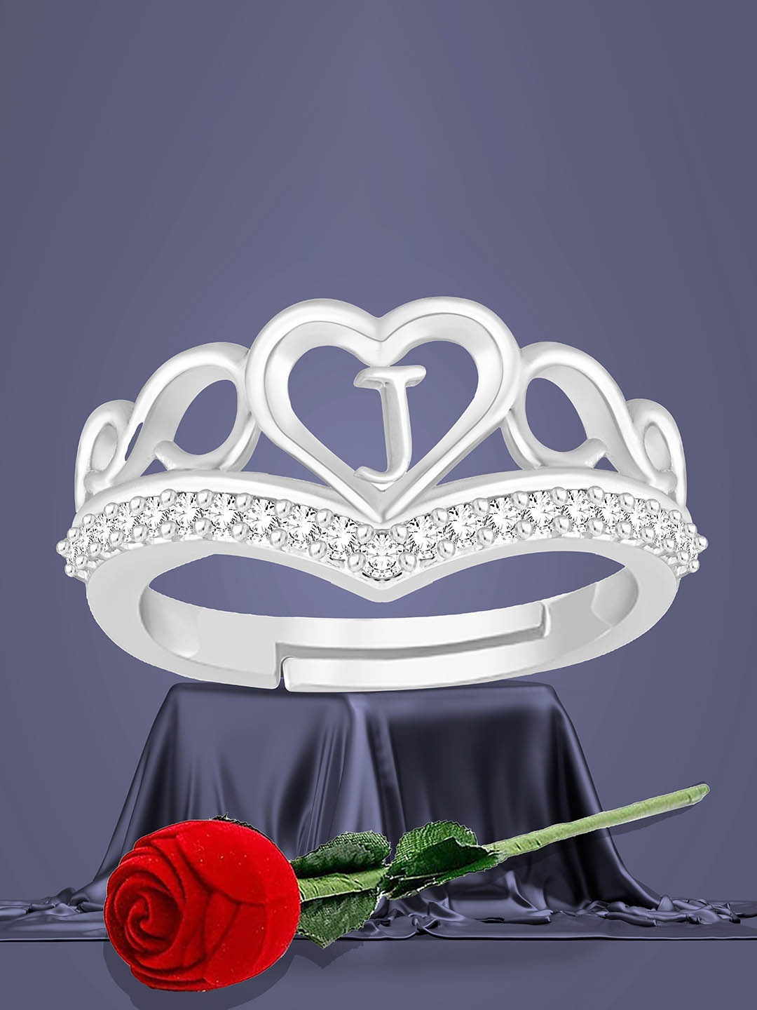 

Lila Silver-Plated American Diamond Stone Studded Heart Alphabet J Adjustable Finger Ring