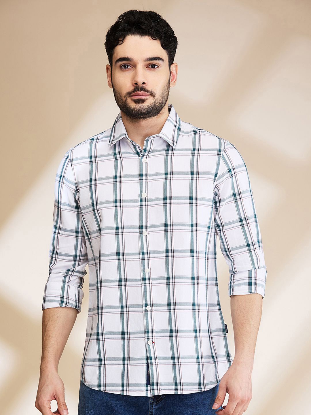 

Being Human Men Spread Collar Tartan Checked Cotton Slim Fit Casual Shirt, White