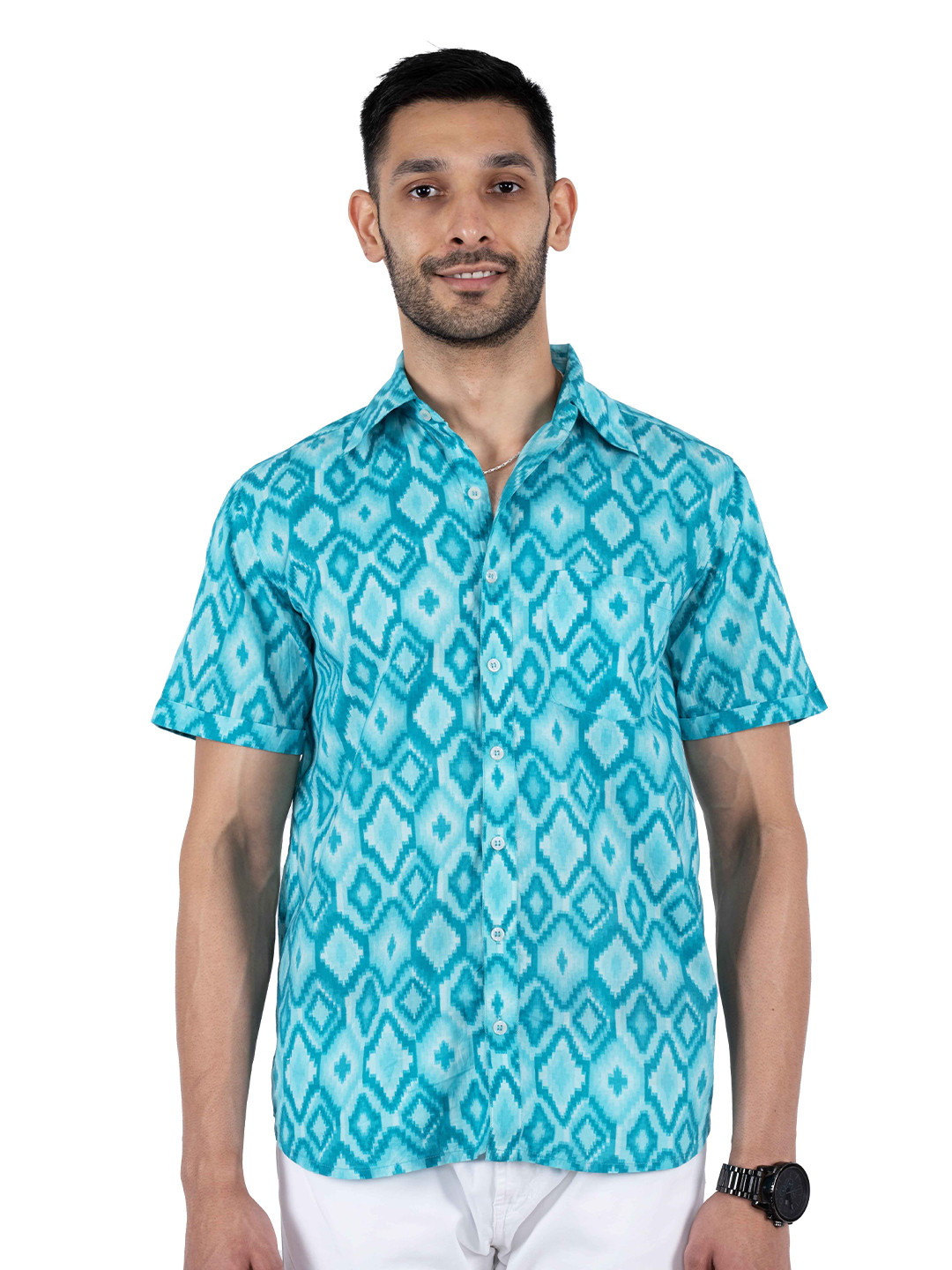 

OnlyMenGrooming Men Modern Spread Collar Abstract Printed Cotton Casual Shirt, Sea green