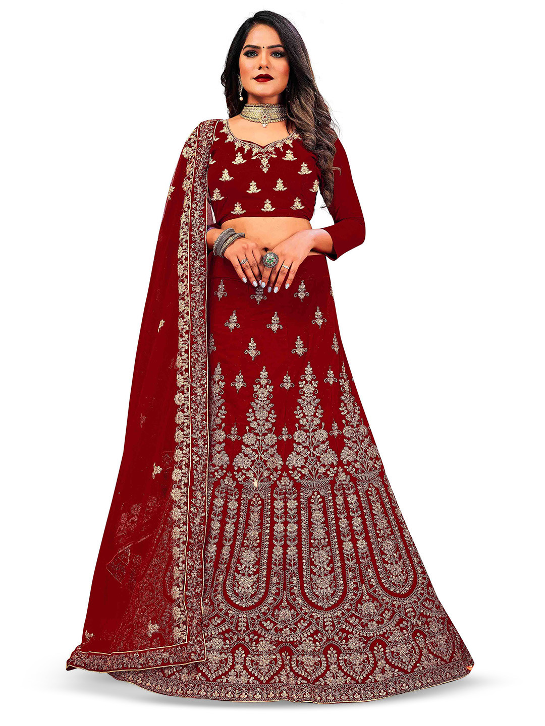 

Maroosh Embellished Thread Work Unstitched Lehenga & Blouse With Dupatta, Maroon