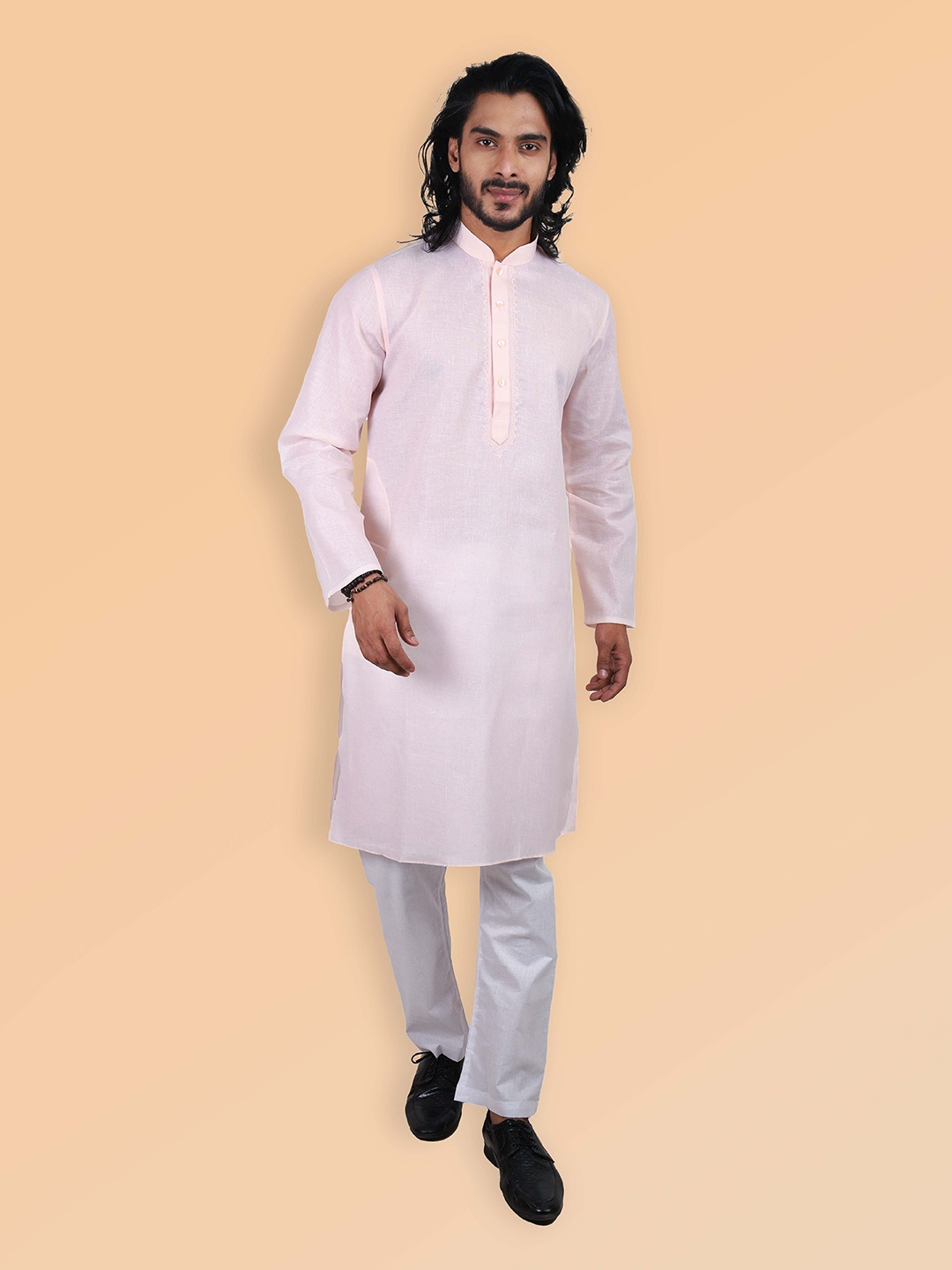 

ETHNIC FACTORY Men Embroidered Thread Work Kurta, Pink