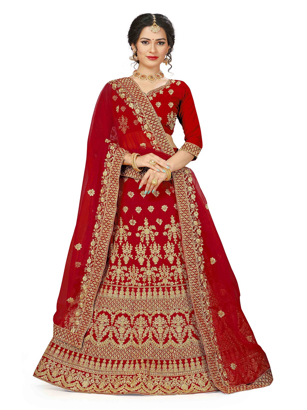 

Maroosh Embroidered Thread Work Unstitched Lehenga & Blouse With Dupatta, Red