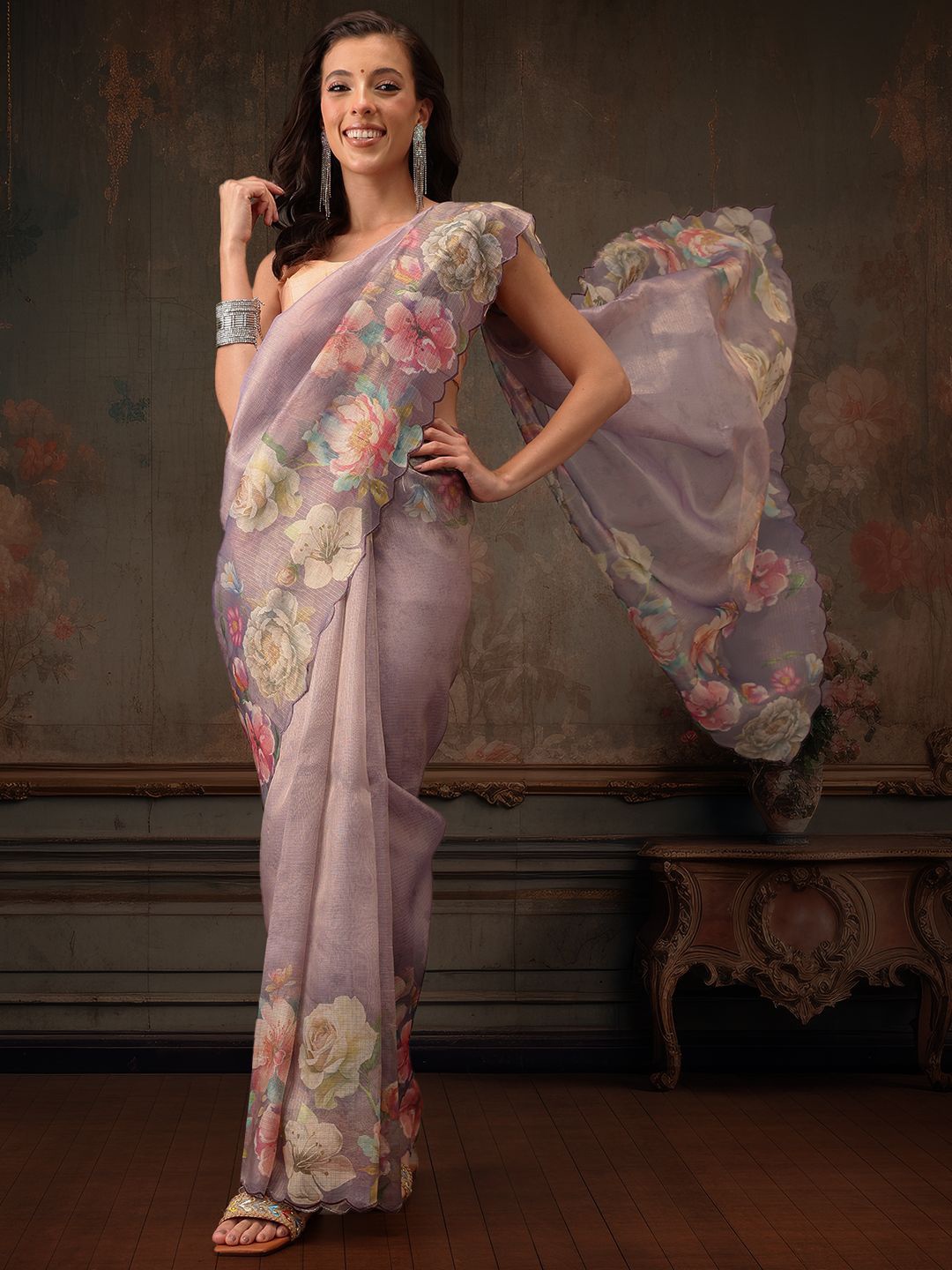 

Silk Land Floral Kota Dhoria Digita Print Saree, Lavender