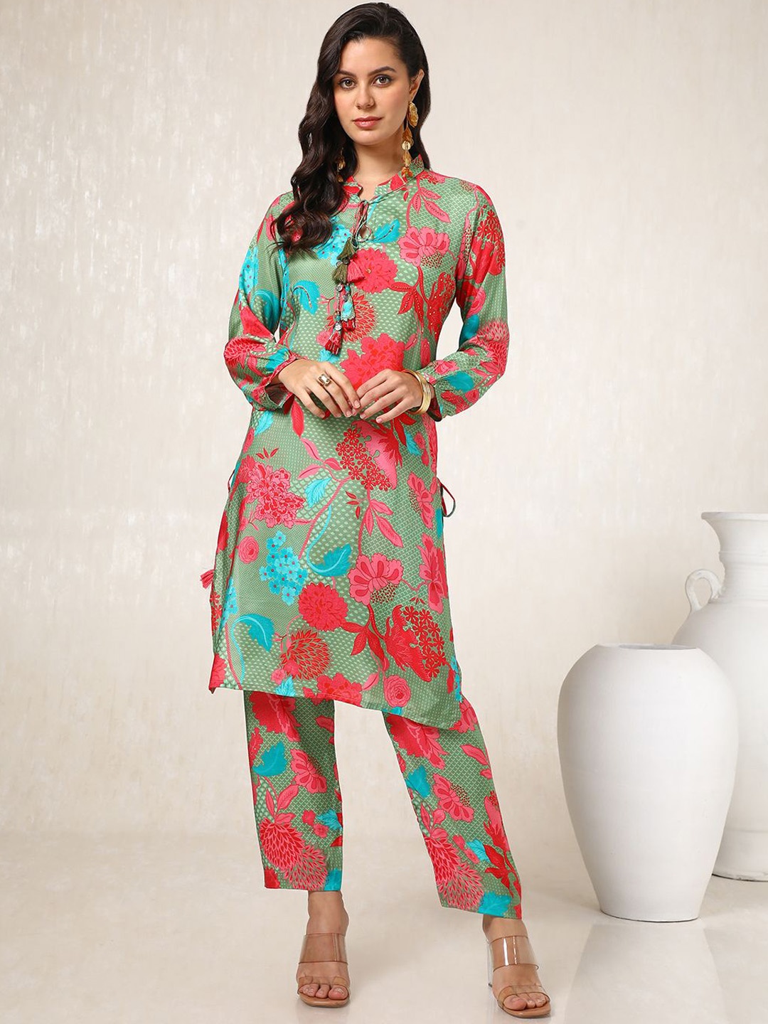 

Soch Floral Printed Mandarin Collar long Sleeves Top & Trouser, Green