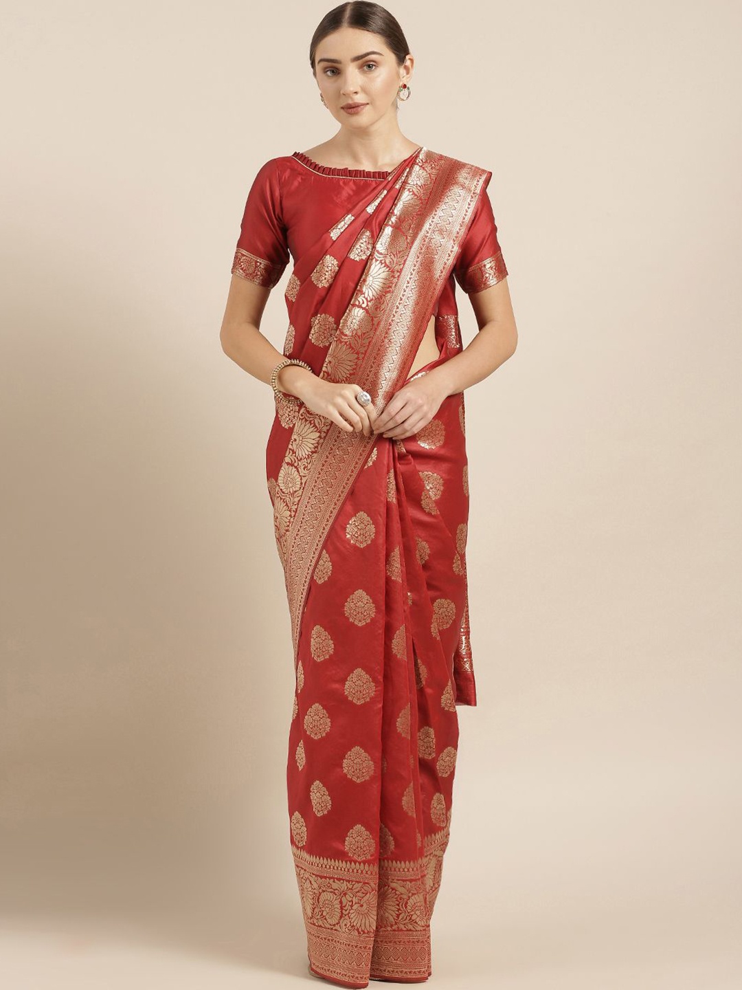 

Maroosh Ethnic Motifs Woven Design Zari Banarasi Saree, Red