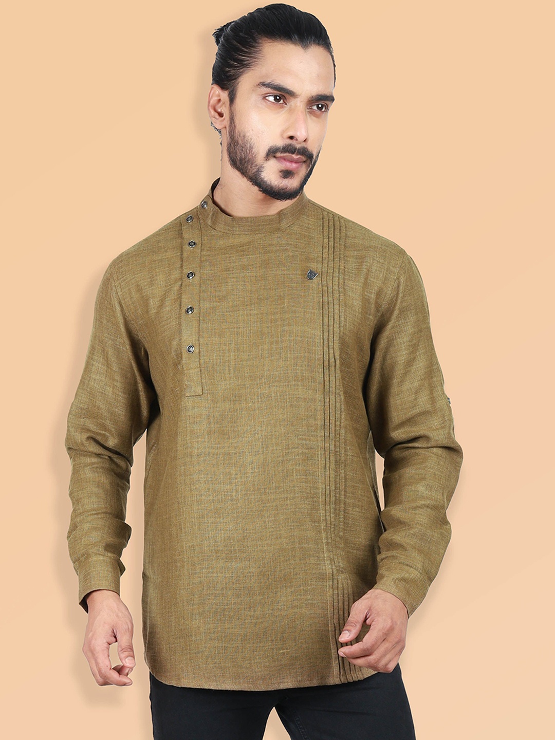 

ETHNIC FACTORY Men Patchwork Pathani Kurta, Olive