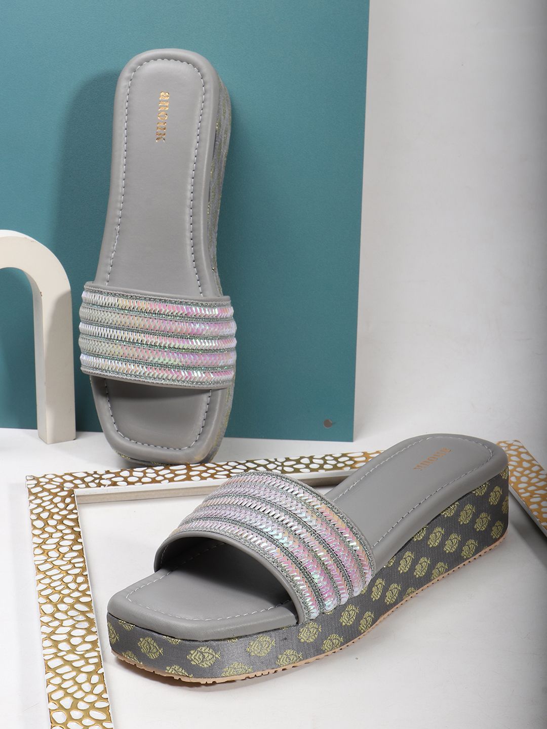 

Anouk Women Embellished Ethnic Wedge Sandals, Grey