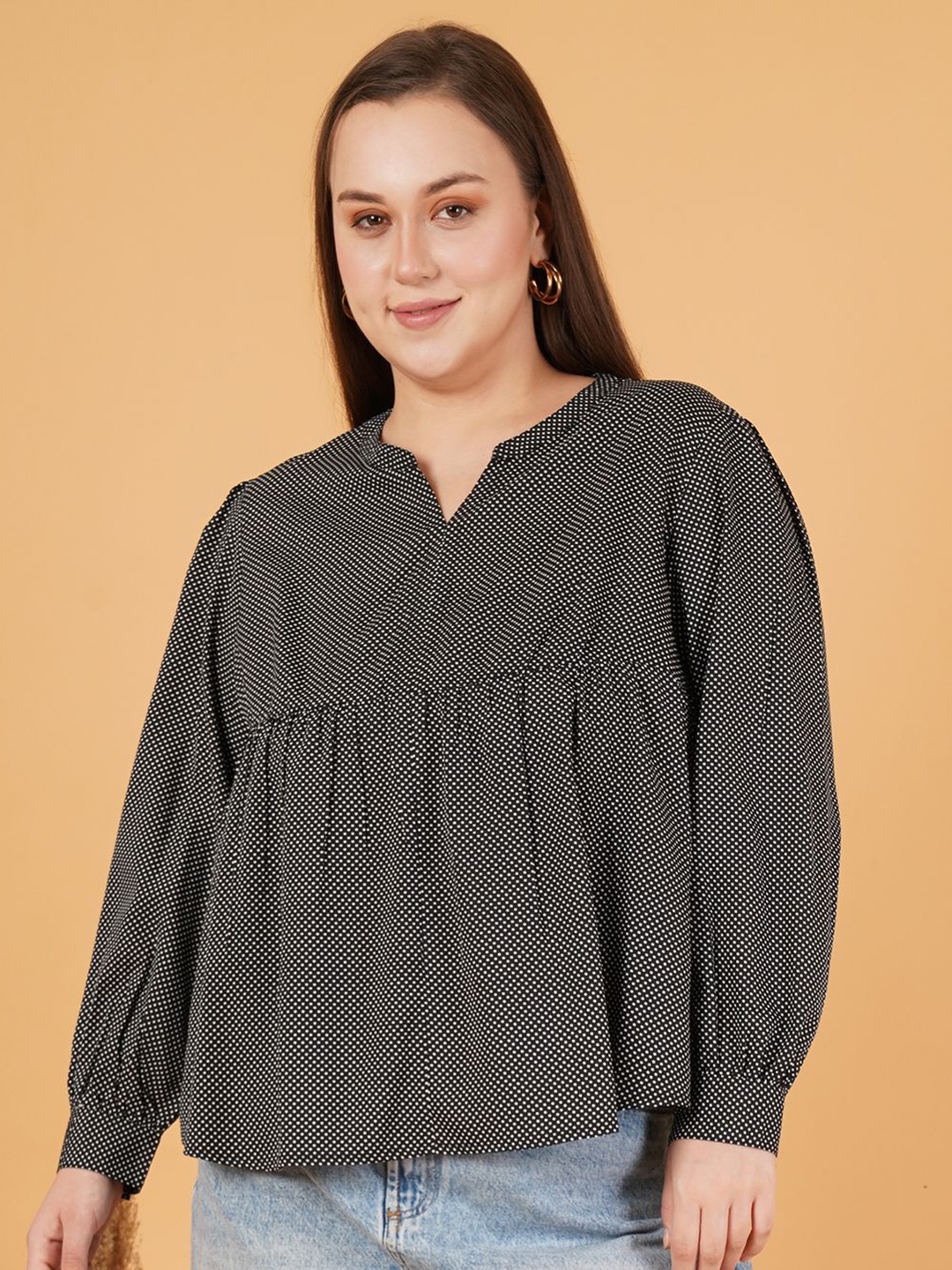 

Sztori Women Polka Dots Printed Mandarin Collar Plus Size Top, Black