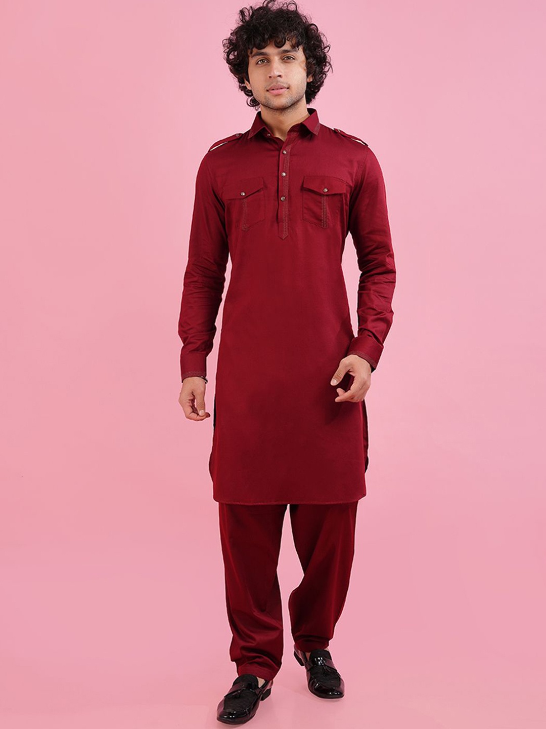 

azania Men Thread Work Pathani Kurta, Maroon