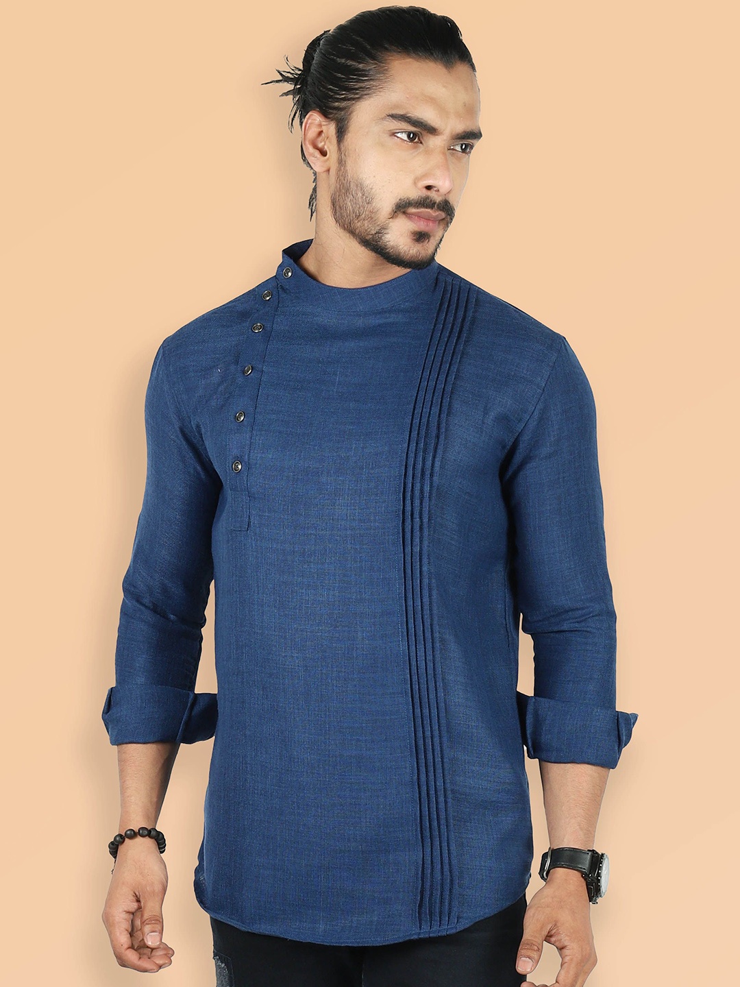 

ETHNIC FACTORY Men Patchwork Pathani Kurta, Navy blue