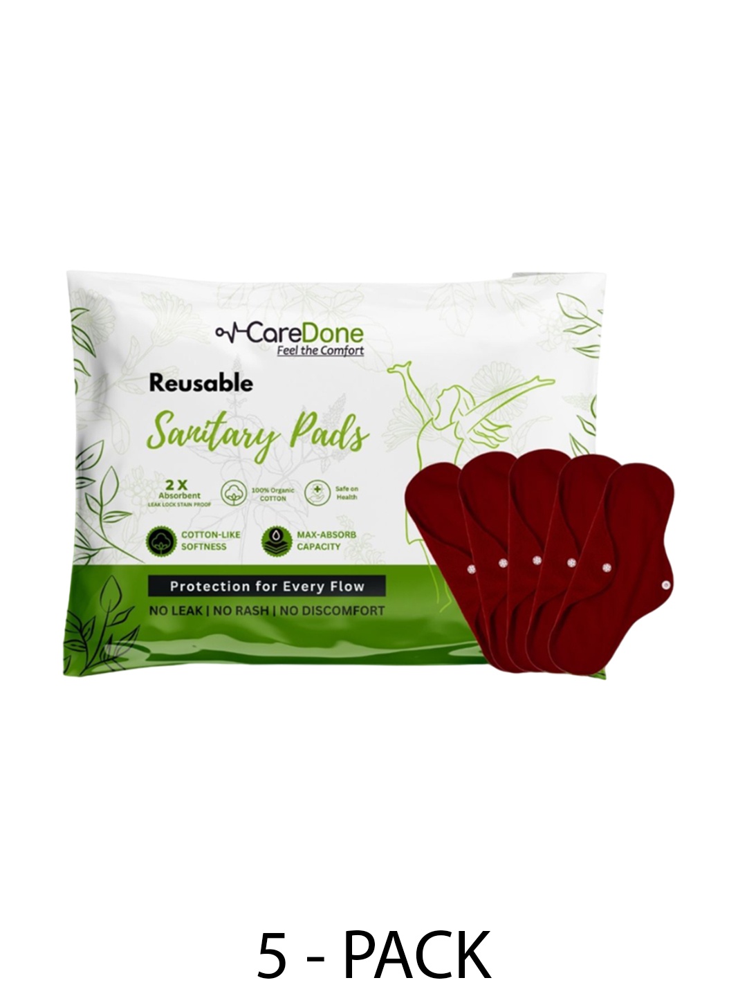 

CareDone Set Of 5 Washable & Reusable Sanitary Cloth Pads-XL, Maroon