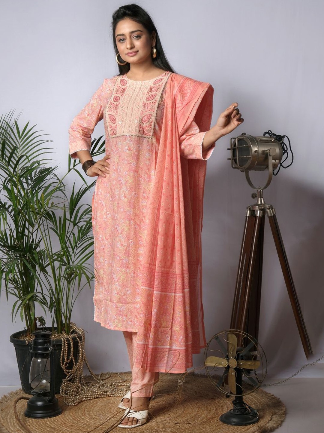 

EKISHA Floral Printed Thread Work Pure Cotton Straight Kurta with Trouser & Dupatta, Peach