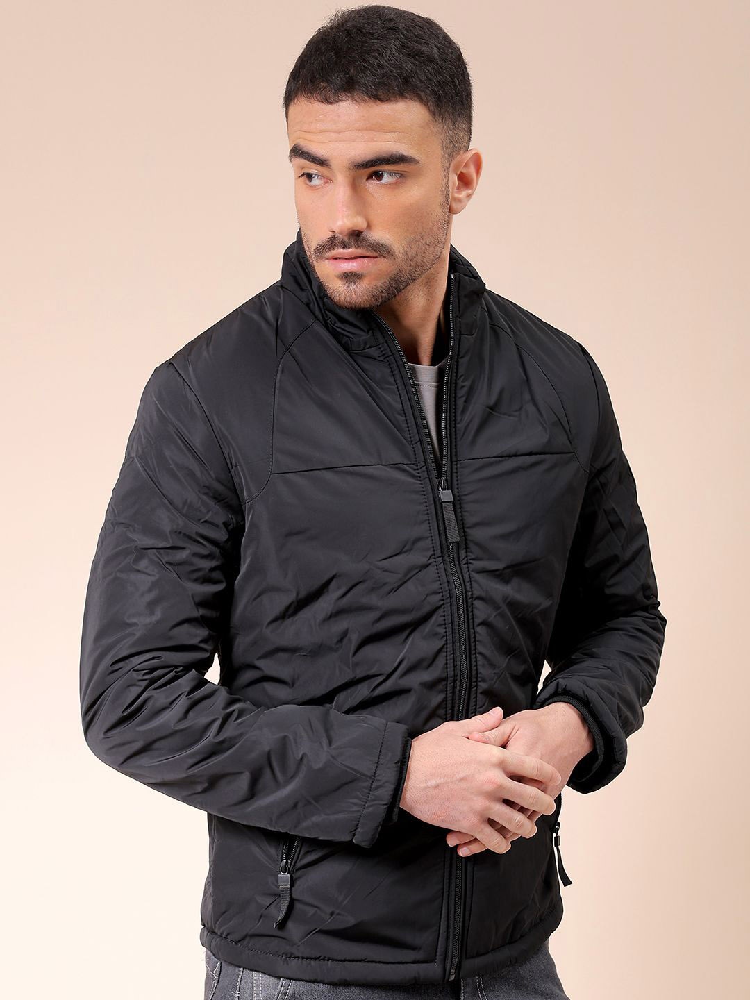 

The Indian Garage Co Men Slim Fit Faux Jacket with Zip Pockets, Black