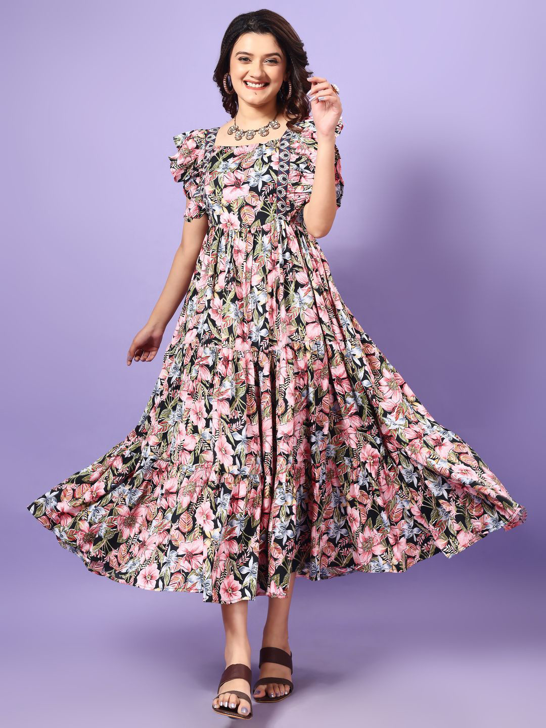

YOYO Fashion Women Floral Print A-Line Midi Dress, Black