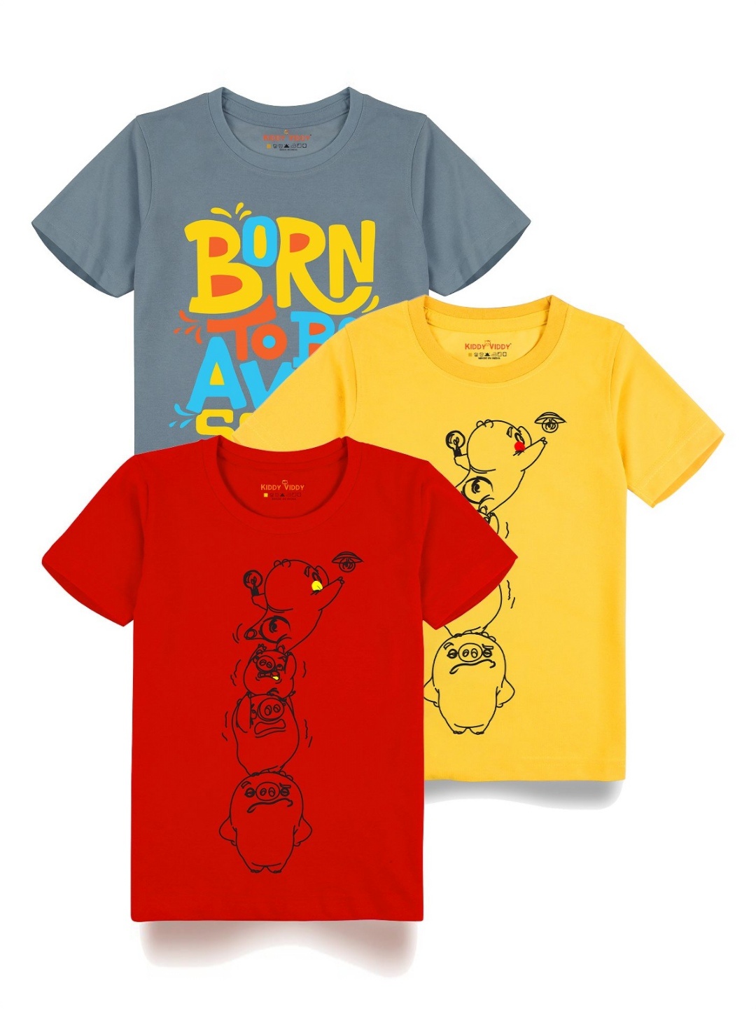 

AUSK Boys Pack Of 3 Graphic Printed Round Neck Cotton T-shirts, Yellow
