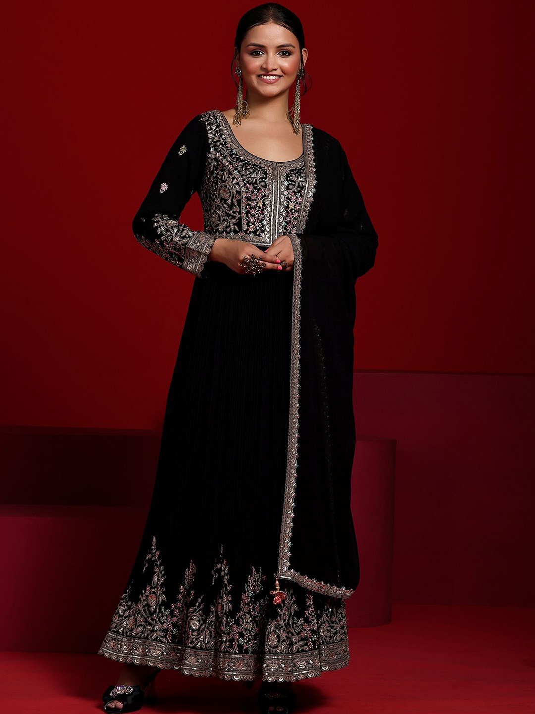 

Libas Art Floral Embroidered Sequinned Georgette Anarkali Kurta & Trouser With Dupatta, Black