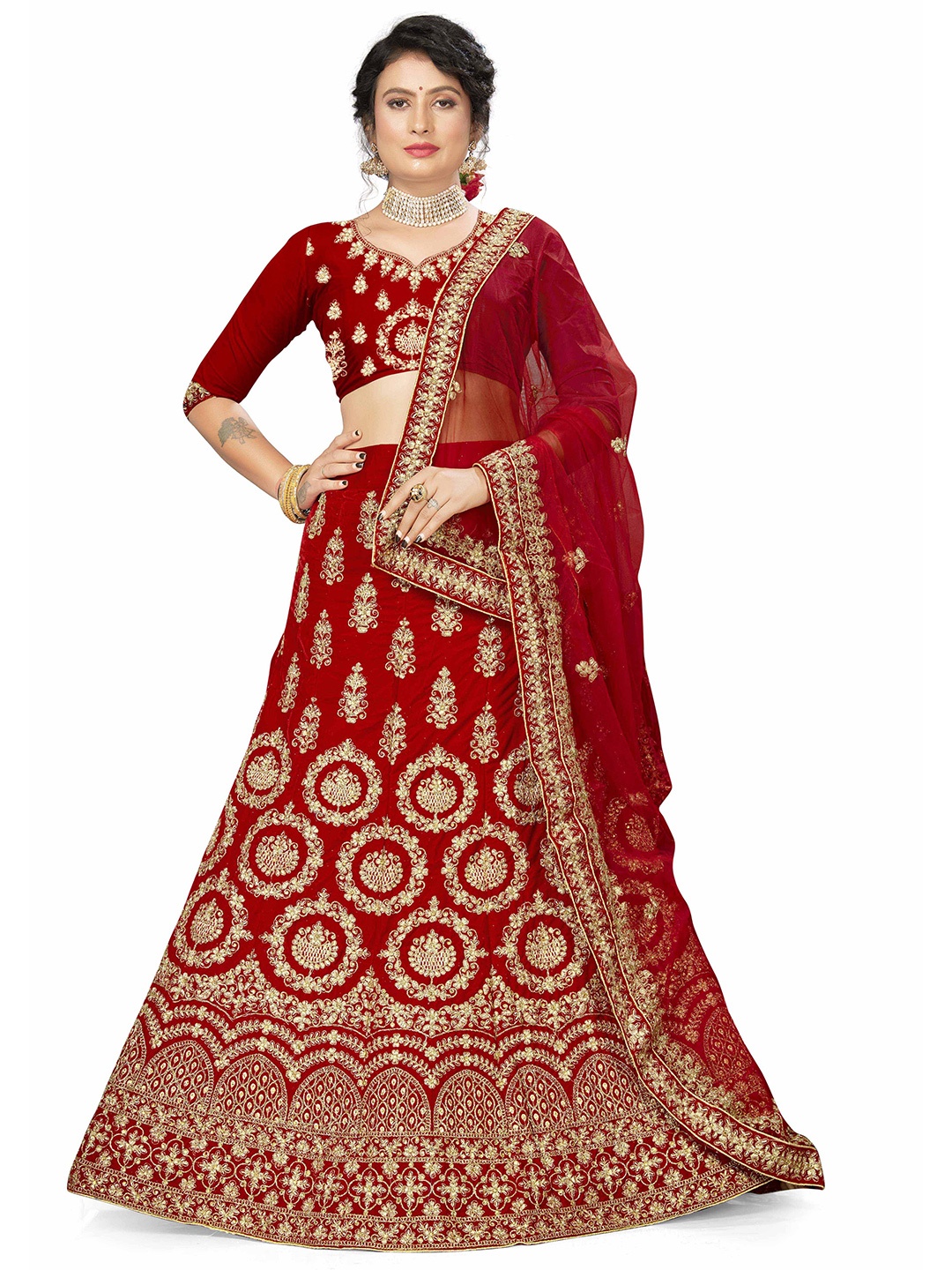 

Maroosh Embellished Thread Work Unstitched Lehenga & Blouse With Dupatta, Red