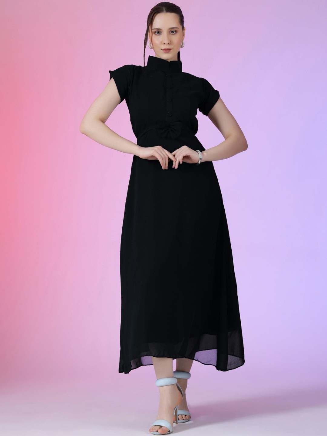 

Femvy Women Georgette High Neck Fit & Flare Maxi Dress, Black