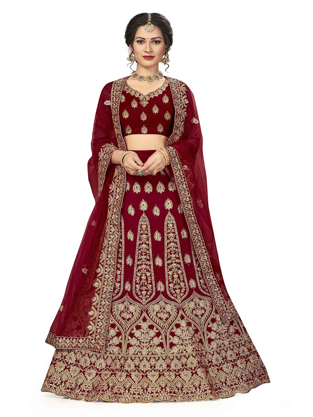

Maroosh Embroidered Thread Work Unstitched Lehenga & Blouse With Dupatta, Maroon