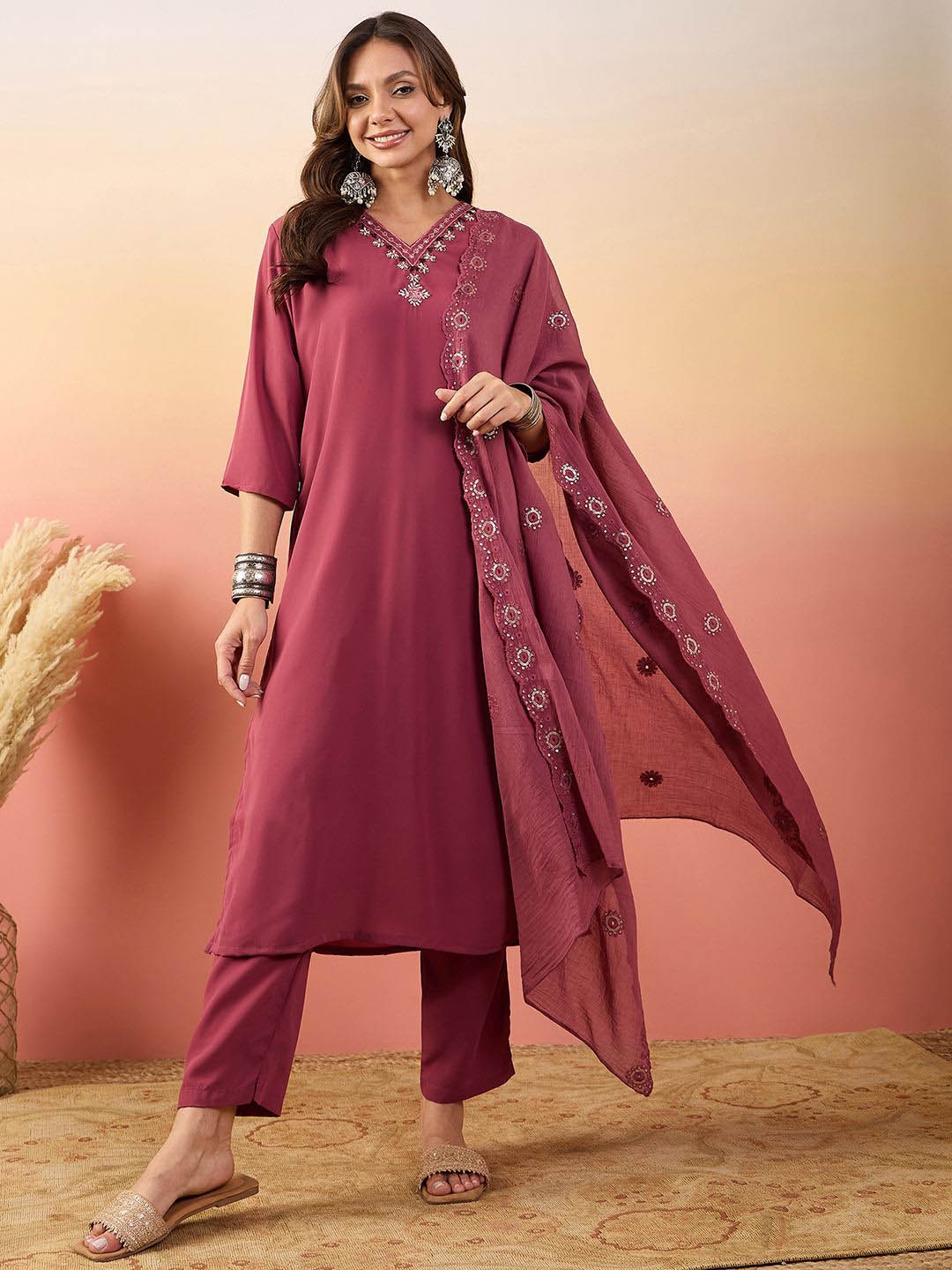 

Krimmple Women Ethnic Motifs Regular Pure Silk Kurti with Pyjamas & With Dupatta, Peach