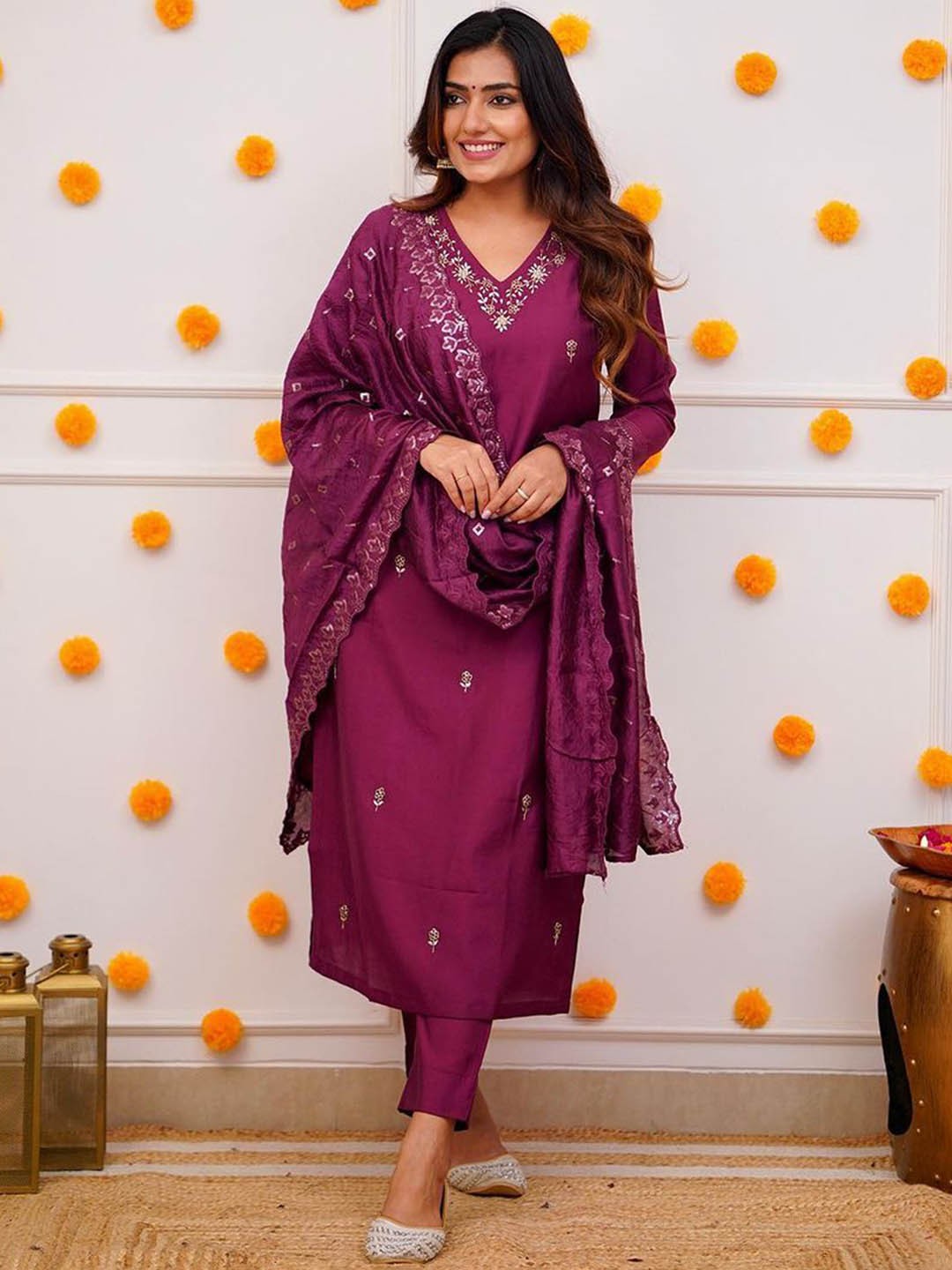 

KALINI Floral Embroidered V-Neck Chanderi Silk Straight Kurta with Trouser & Dupatta, Magenta