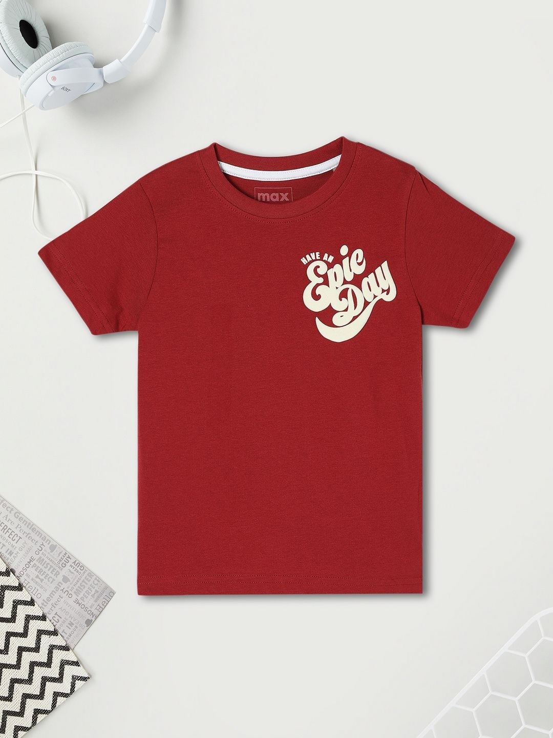 

max Boys Typography Printed Round Neck Cotton T-shirt, Red
