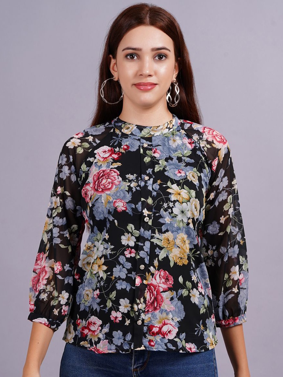 

HIGHLIGHT FASHION EXPORT Women Floral Printed High Neck Top, Black