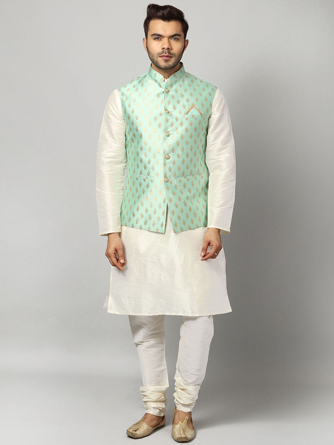 

Ethluxis Men Woven Design Dupion Silk Kurta with Churidar, Green