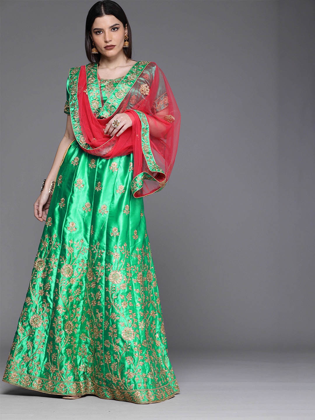 

Maroosh Embroidered Thread Work Unstitched Lehenga & Blouse With Dupatta, Green