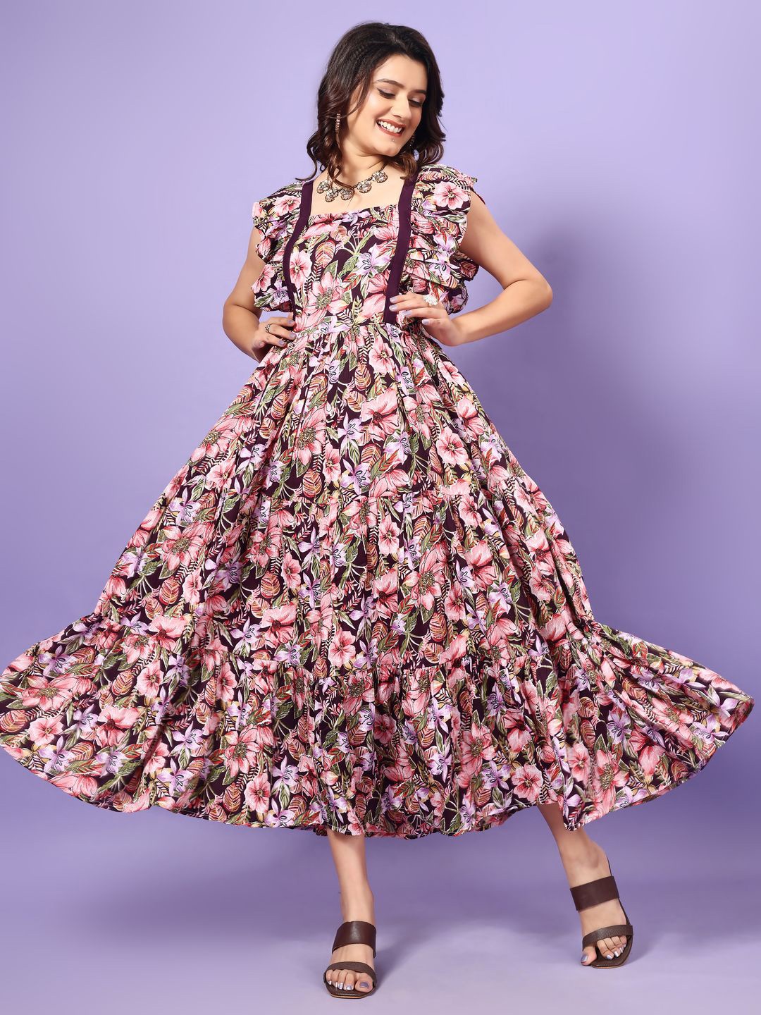 

Wedani Women Floral Print Fit and Flare Maxi Dress, Purple