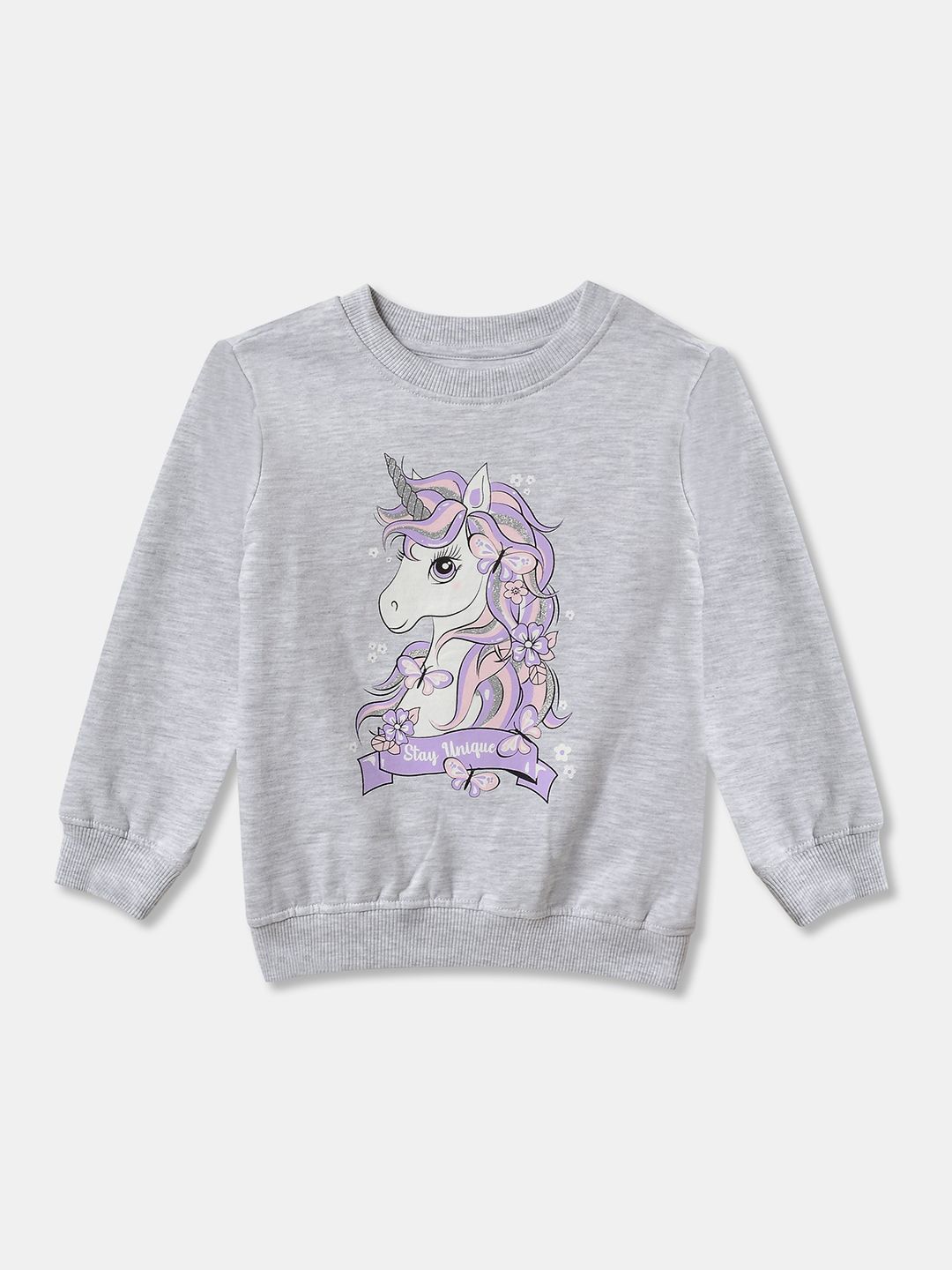 

R&B Girls Graphic Printed Round Neck Cotton Pullover Sweatshirt, Grey
