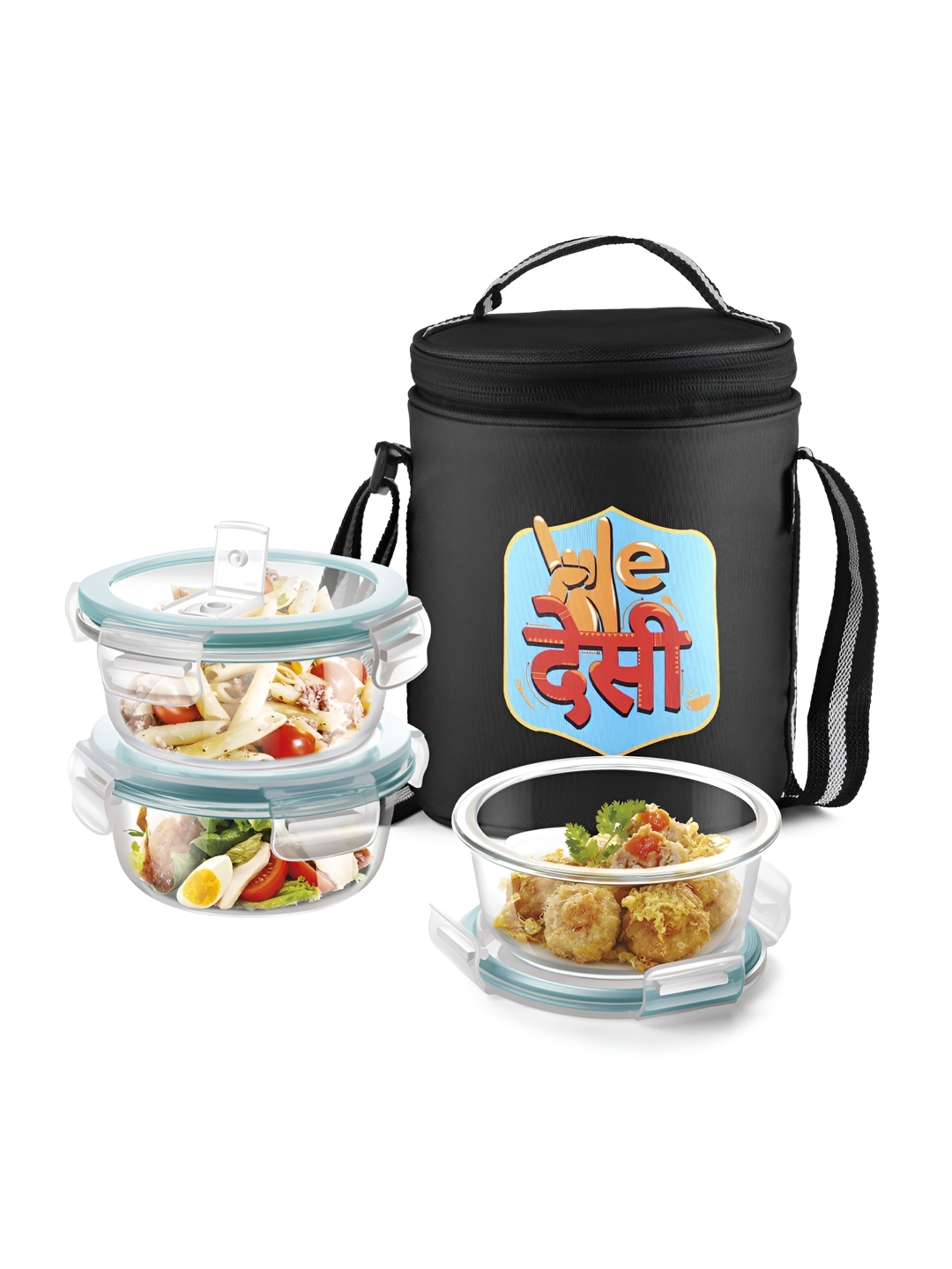 

Treo All Fresh Black Glass 3 Pieces Lunch Box With Wedesi Printed Bag-400 ml Each