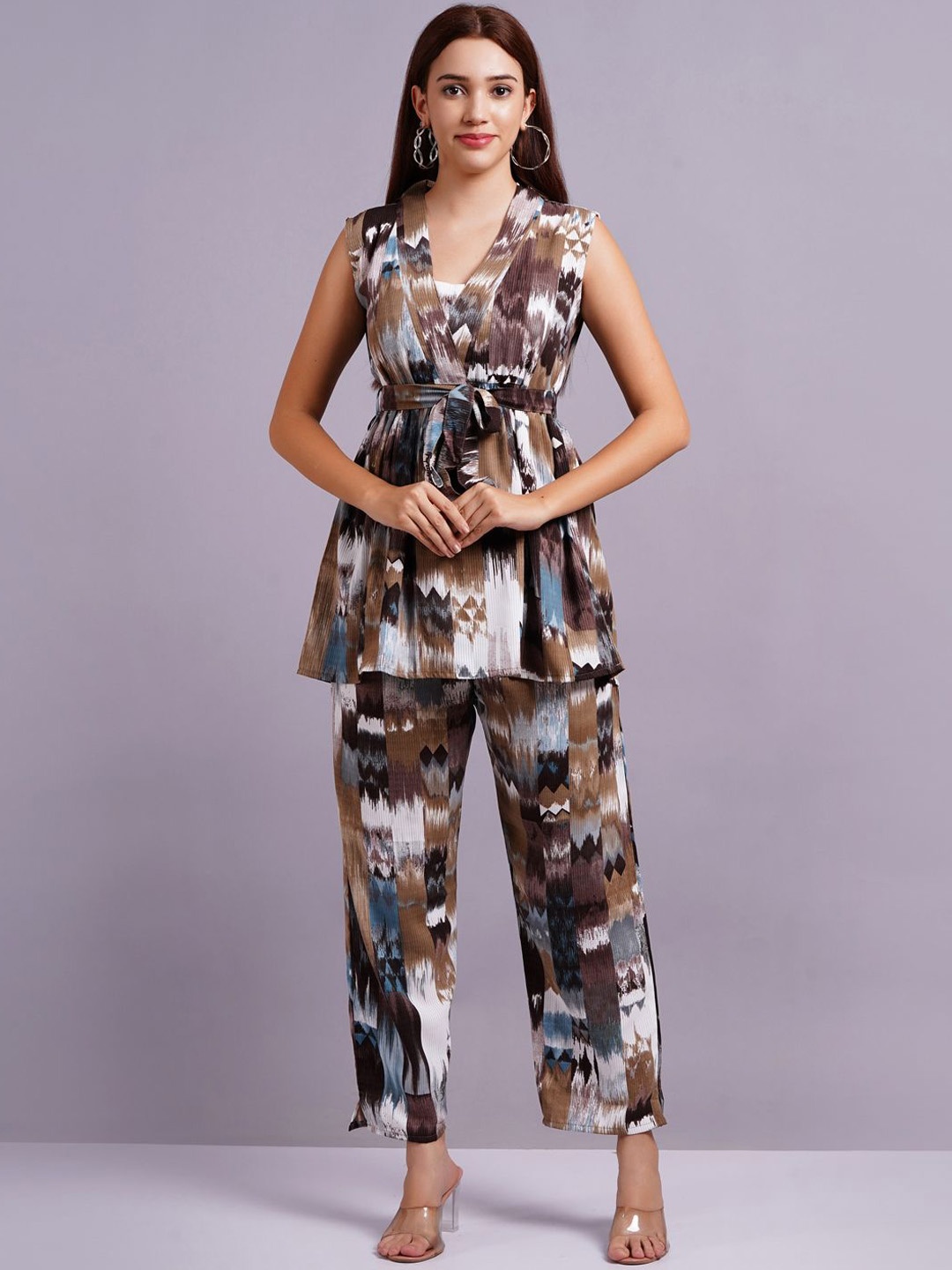 

JC4U Printed V-Neck Pure Cotton Top With Trouser Co-Ords, Brown