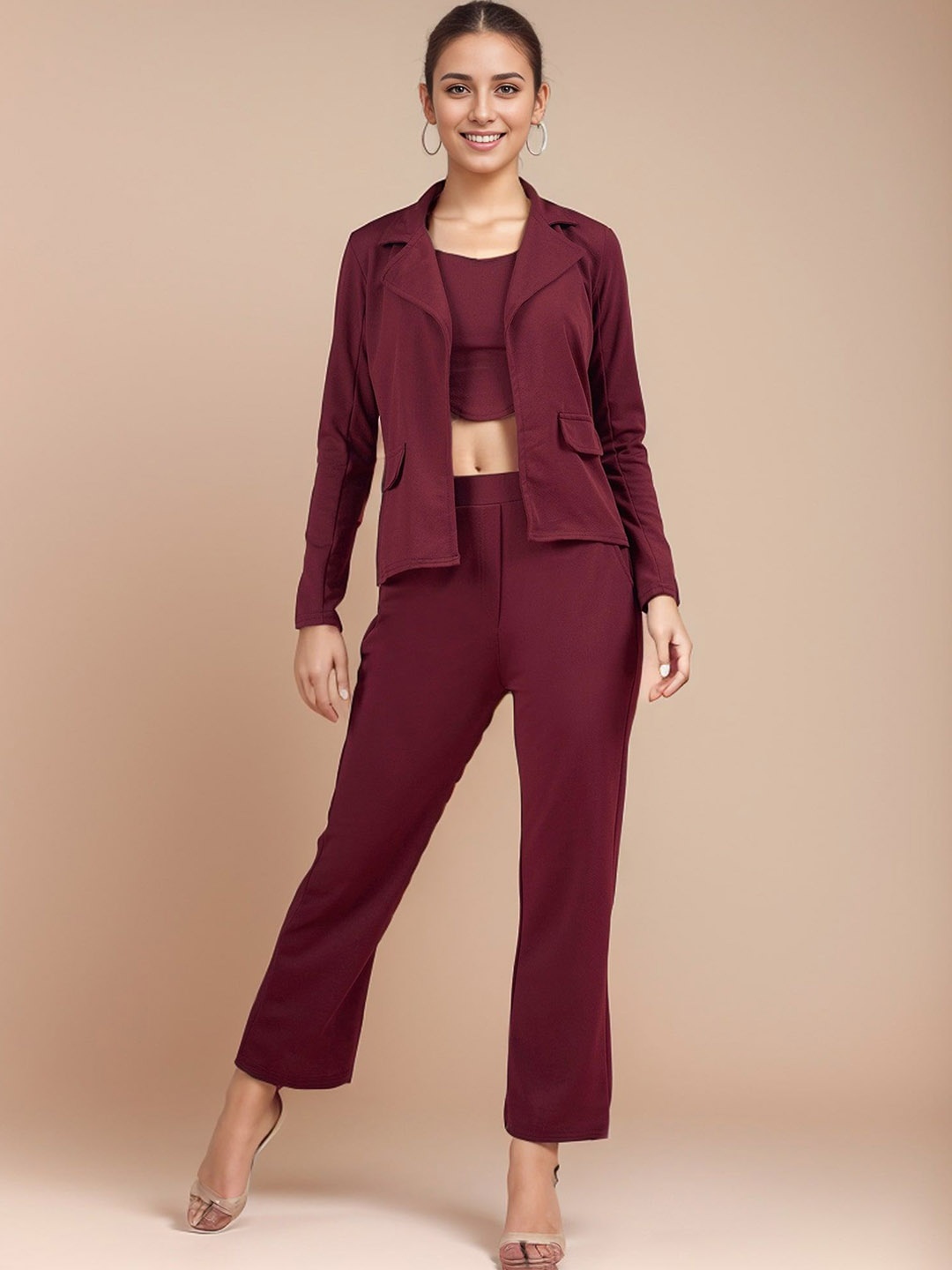 

DressBerry Basics Crop Top & Trouser With Blazer Co-Ords, Maroon