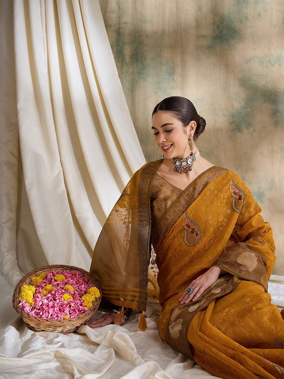 

Sangria Ethnic Embroidered Saree With Blouse Piece, Mustard