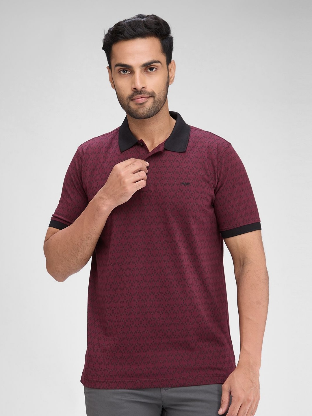 

Park Avenue Men Geometric Printed Polo Collar Cotton T-shirt, Maroon