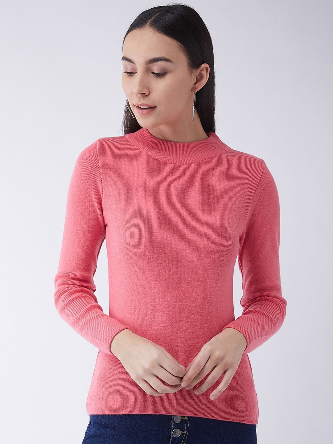 

RVK Women Round Neck Solid Ribbed Pullover Sweater, Pink