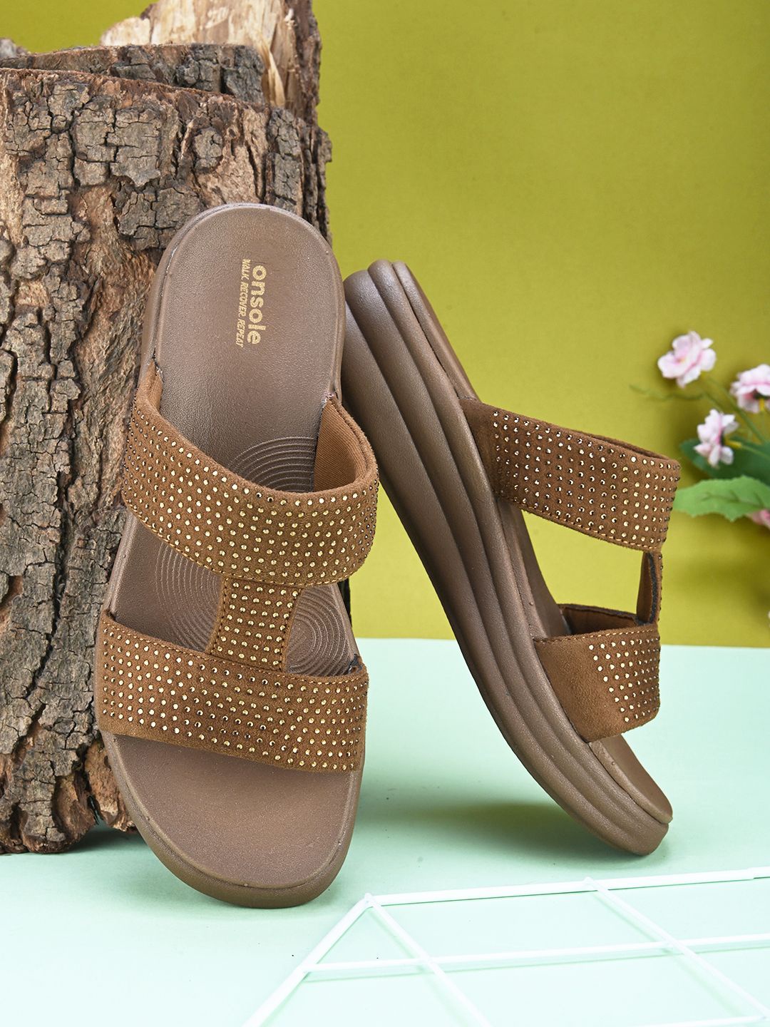 

ONSOLE Women Embellished Open Toe Flats, Brown