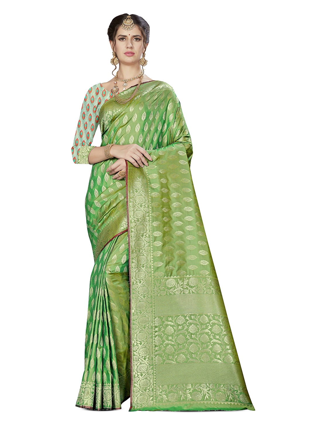

Maroosh Ethnic Motifs Woven Design Zari Banarasi Saree, Green