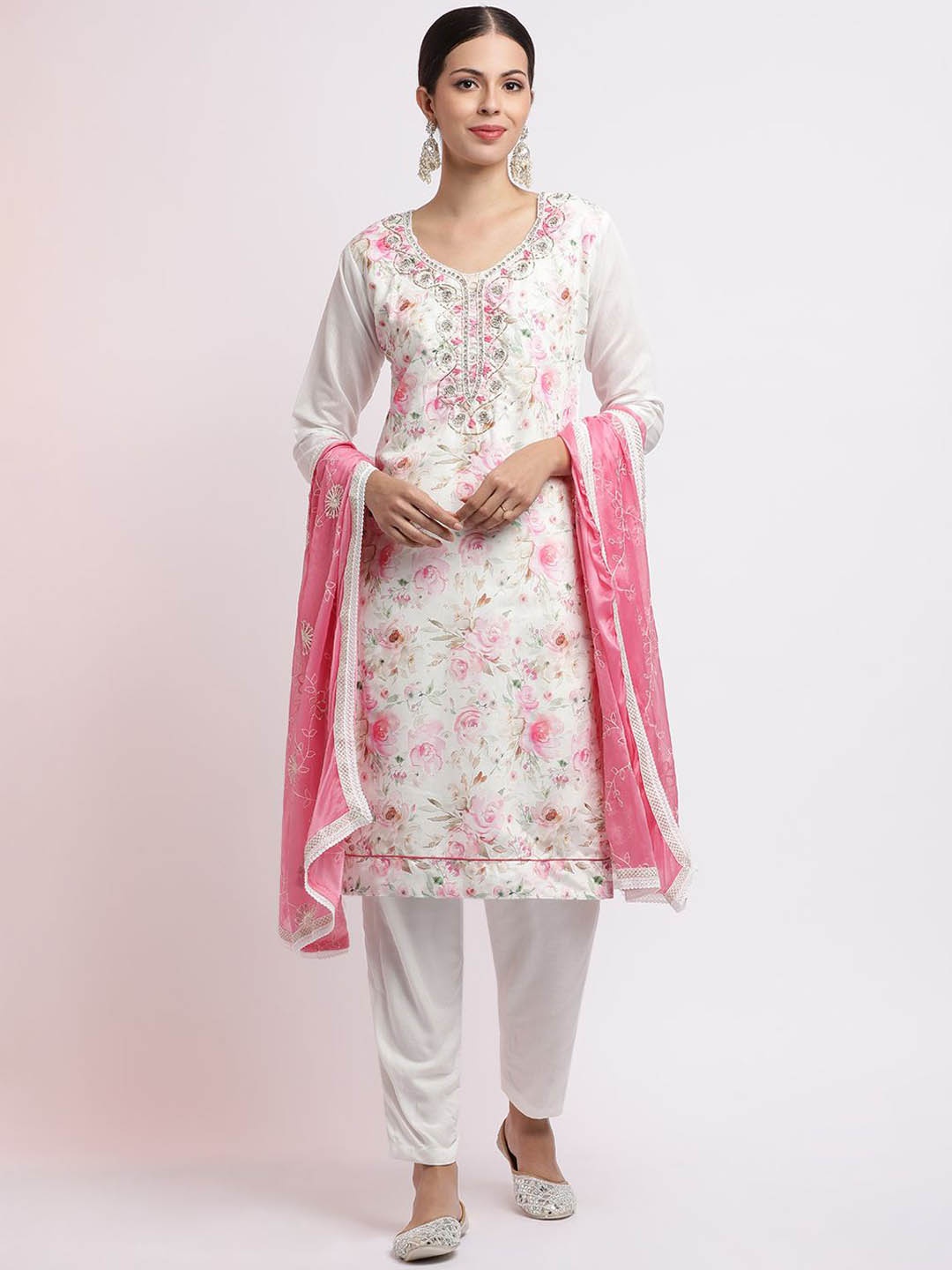 

Jaipur Kurti Embroidered Cotton Blend Kurta Set With Dupatta, White