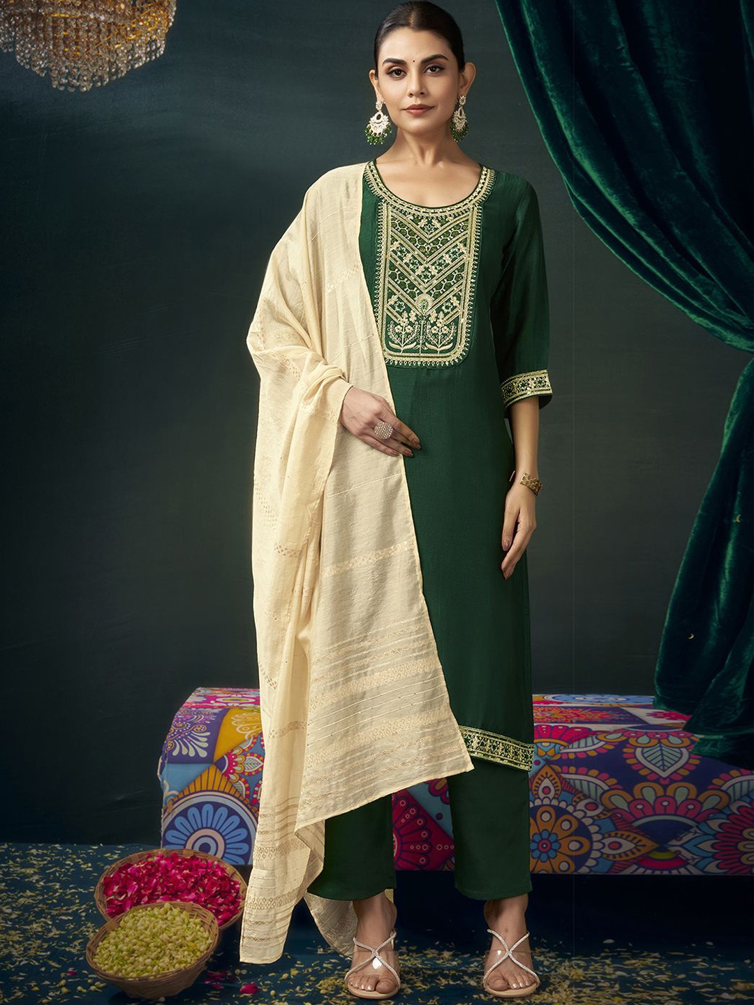 

KALINI Women Ethnic Motifs Embroidered Sequinned Kurta with Trousers & With Dupatta, Green