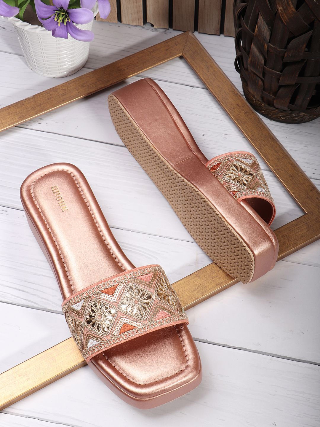 

Anouk Embellished Ethnic Wedge Sandals, Rose gold