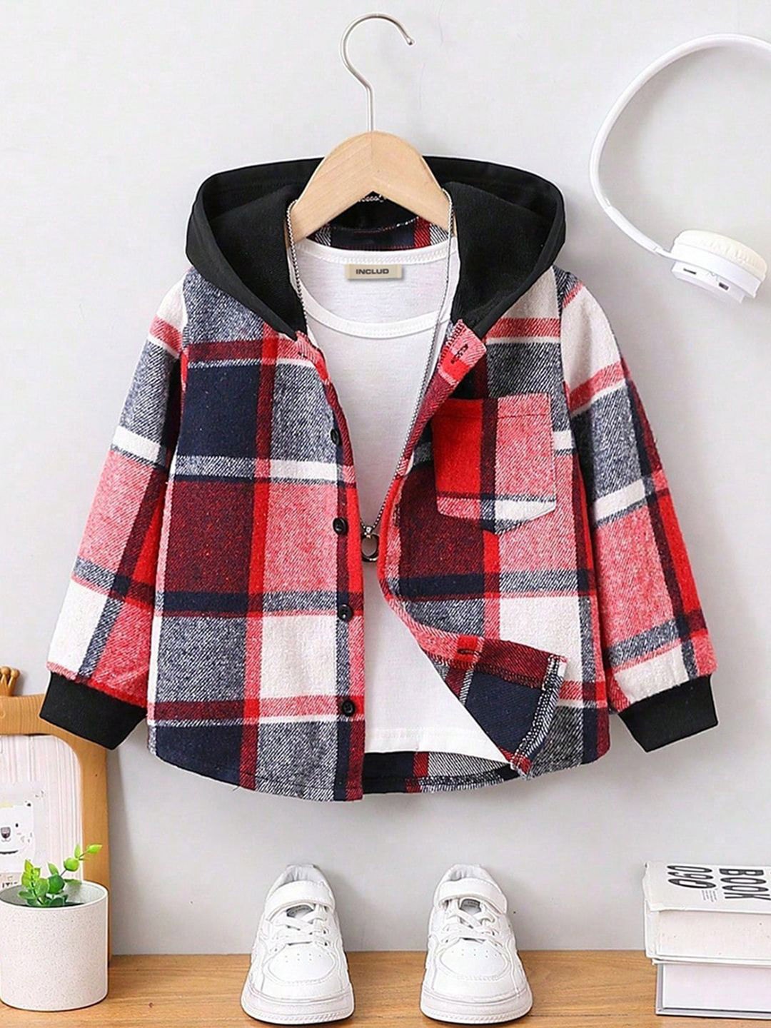 

INCLUD Boys Checked Open Front Jacket, Red