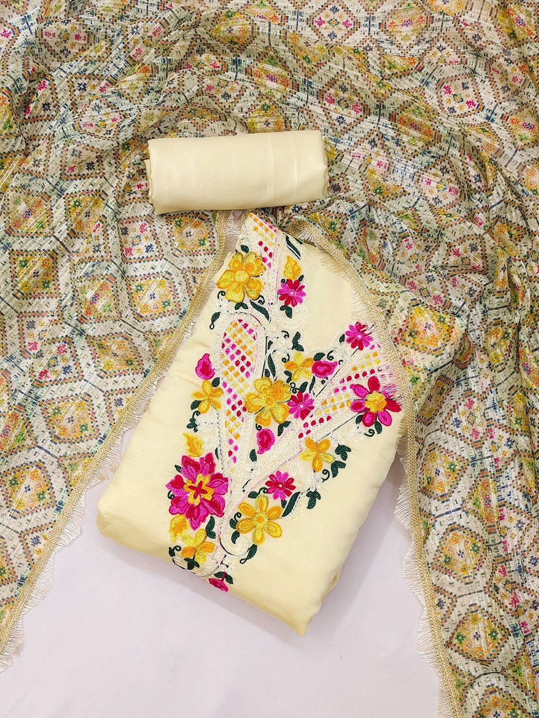 

Panzora Women Embroidered Unstitched Dress Material, Yellow