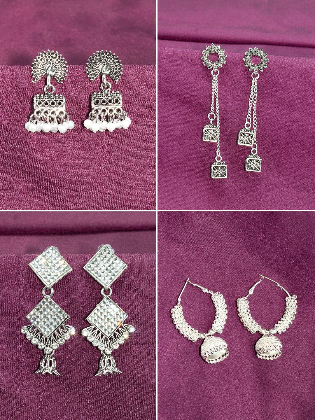 

PRIVIU Set of 4 Silver-Plated Square Jhumkas Earrings