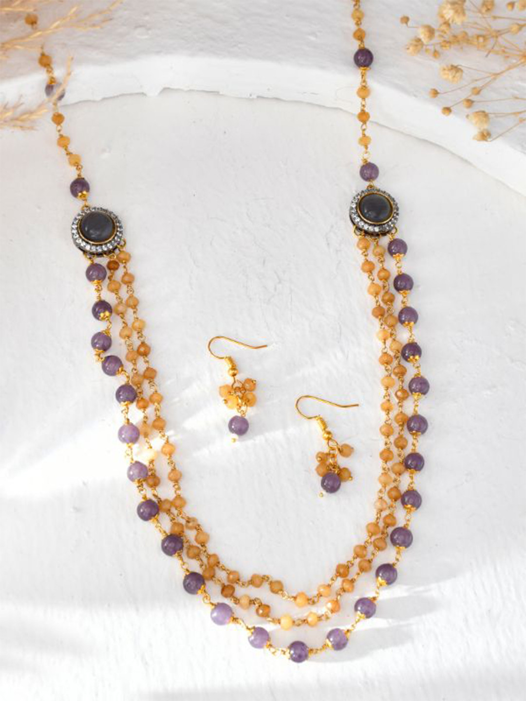 

DASTOOR Layered Stone Studded & Beaded Jewellery Set, Gold