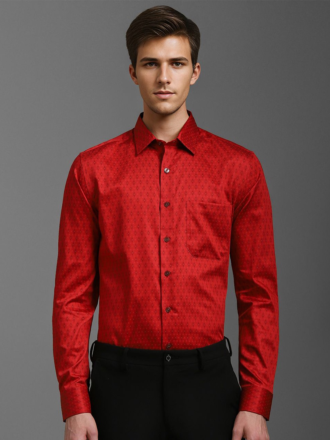 

Louis Philippe Men Spread Collar Micro Ditsy Printed Cotton Slim Fit Formal Shirt, Red