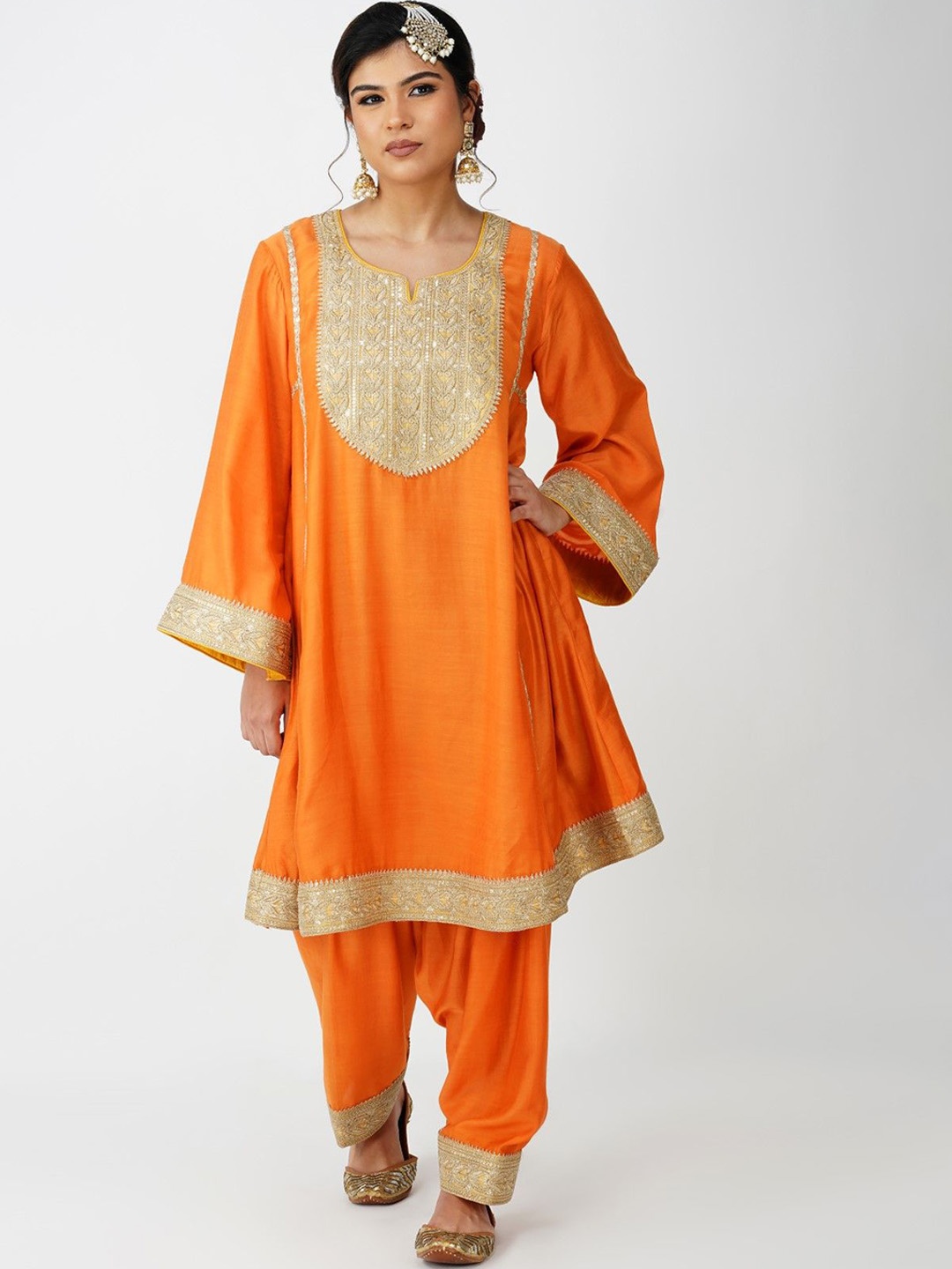 

KOVET Paisley Embroidered Panelled Pure Silk A-Line Kurta with Salwar & Dupatta, Orange